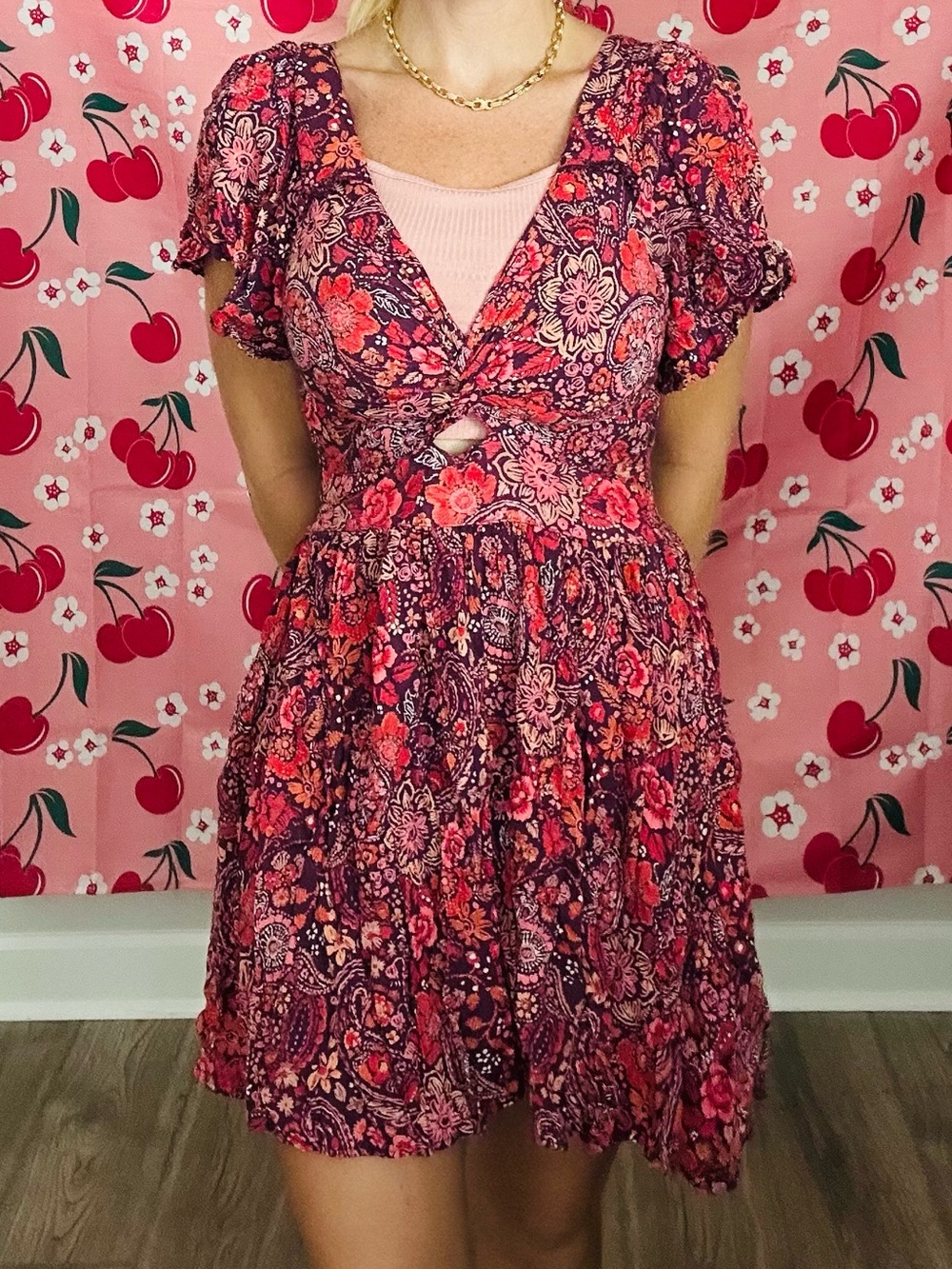 Angie Red-Pink Floral Cutout Mini Dress